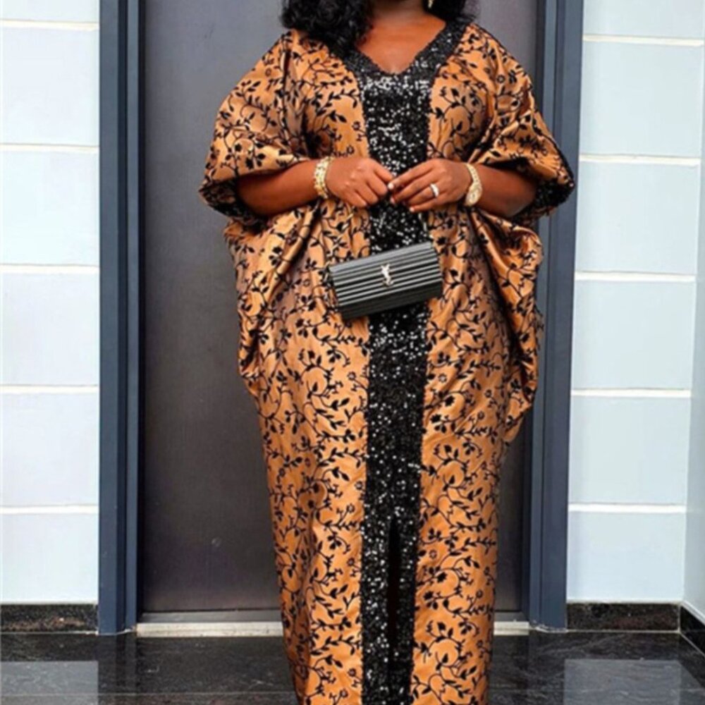 Multicolor satin Bubu dress with front slit and sequence tapered round t…